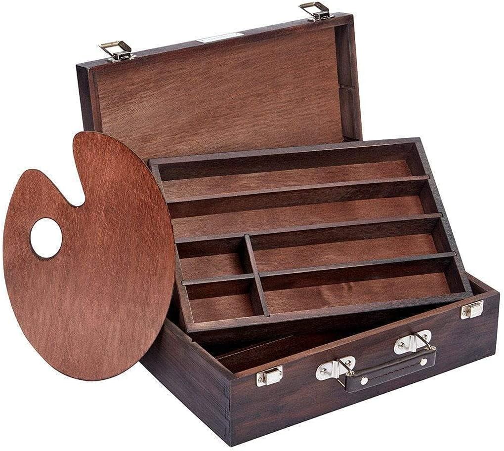 720 Wood Art Storage Box With Espresso Stain, 2-Tier Wood Case with 10 Dividers, Holds Markers, Paint, Brushes, Pencils, And More