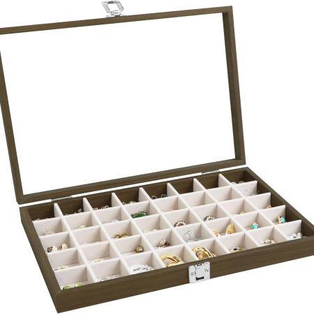 Wooden Jewelry Box 40 Grid Jewelry Organizer Jewelry Tray with Lid Vintage Earring Holder Organizer Jewelry Display for Rings Earrings Bracelets Adjustable Divider (Beige 40 Grid)