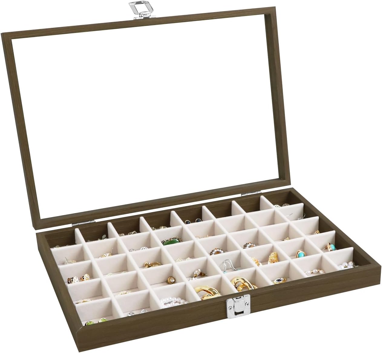 Wooden Jewelry Box 40 Grid Jewelry Organizer Jewelry Tray with Lid Vintage Earring Holder Organizer Jewelry Display for Rings Earrings Bracelets Adjustable Divider (Beige 40 Grid)