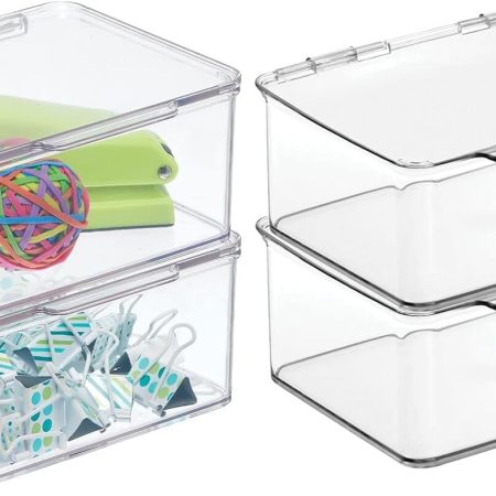 Small Plastic Home Office Storage Organizer Box Containers w/Hinged Lid for Desktops - Holds Pens, Pencils, Sticky Notes, Highlighters, Staples, Supplies -  Collection, 4 Pack - Clear