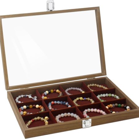 Jewelry Organizer Tray 12 Grid Velvet Jewelry Storage Box with Clear Lid Jewelry Display Case with Lock Bracelet Earring Ring Organizer Showcase Gifts for Girls Women-12 Grid Wooden Brown