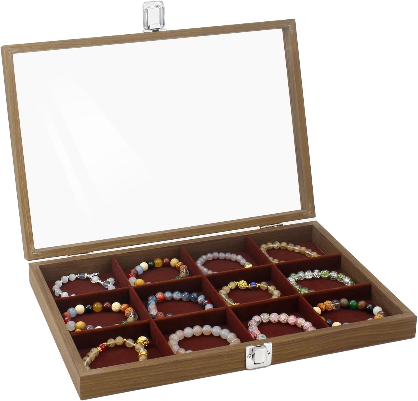 Jewelry Organizer Tray 12 Grid Velvet Jewelry Storage Box with Clear Lid Jewelry Display Case with Lock Bracelet Earring Ring Organizer Showcase Gifts for Girls Women-12 Grid Wooden Brown