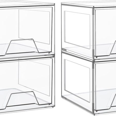 4 Pack Stackable Makeup Organizer,4.4'' Tall Acrylic Bathroom Organizer and Storage Drawers, Clear Plastic Drawer Storage Bins For Vanity, Undersink, Cabinets, Pantry
