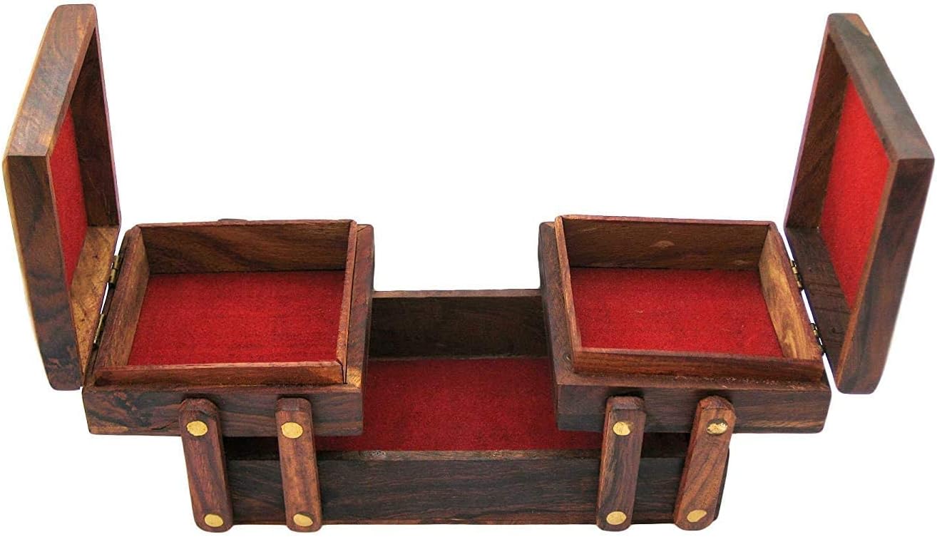 Wooden Jewellery Box Organizer - Classic Brown 8 Inch - 3 Expandable Compartments - Perfect for Women's Jewellery Storage & Organization - Image 2