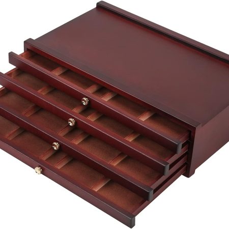 4-drawer Wood Artist Supply Storage Box, Portable Beechwood Multifunctional Pencil Brush Organizer Wood Box with Drawer&Compartments for Pastels, Pencils, Pens, Makeup Brushes(Deep Walnut)