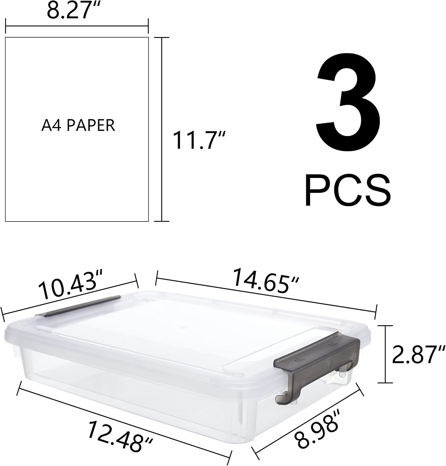 3 PCS Plastic Storage Bins with Latching Lids Portable Project Case Clear File Box Stackable Storage Containers for Organizing A4 Paper, Photo, Document, Scrapbook - Image 2