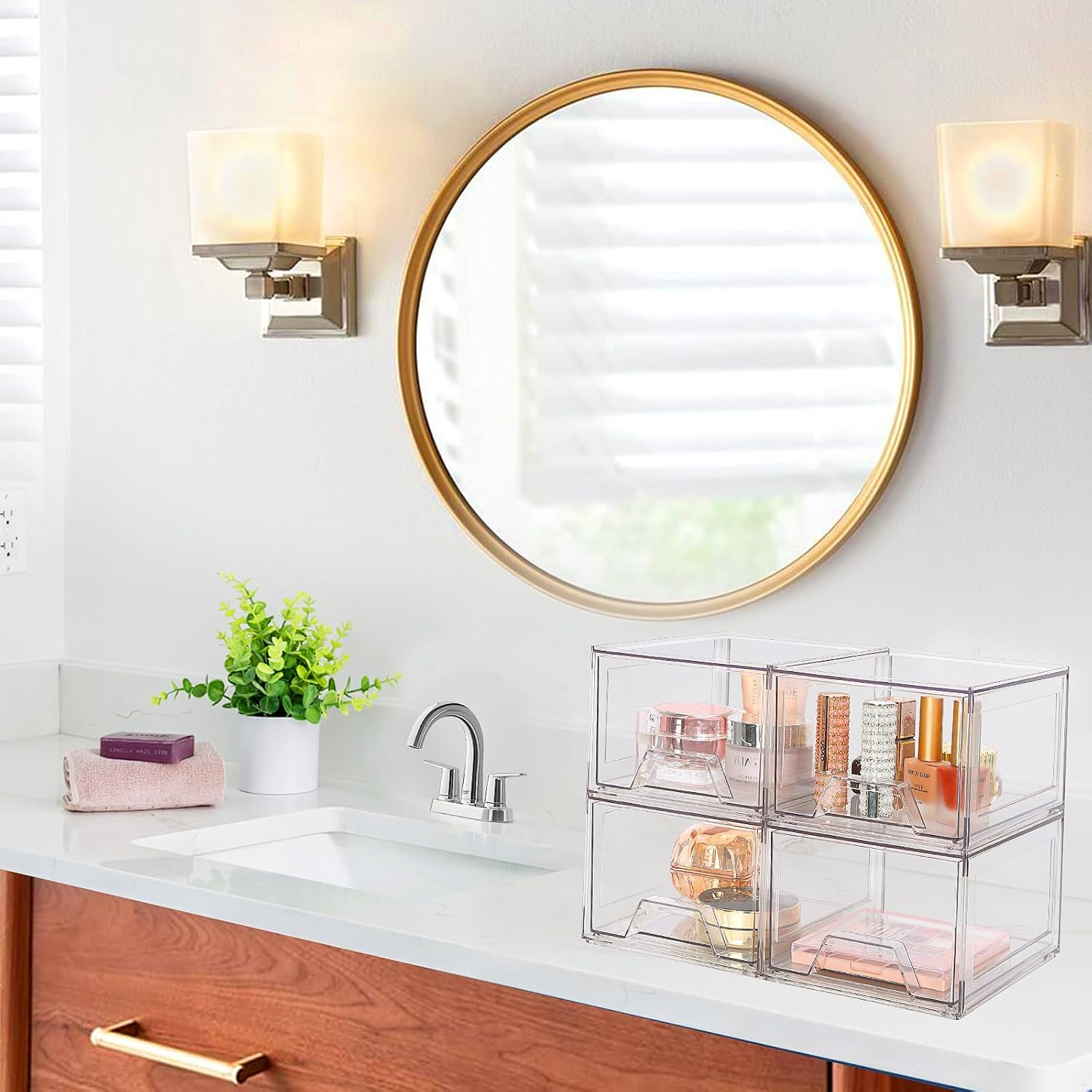 4 Pack Stackable Makeup Organizer,4.4'' Tall Acrylic Bathroom Organizer and Storage Drawers, Clear Plastic Drawer Storage Bins For Vanity, Undersink, Cabinets, Pantry - Image 2