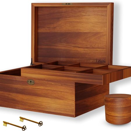 Acacia Wood Box, Keepsake With Hinged lid and locking key, Decorative, Memory treasure, Wooden Storage Box, Wooden Gift Box (Divider Model) 11Lx 9Wx 5H inches
