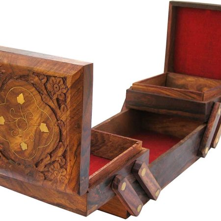 Wooden Jewellery Box Organizer - Classic Brown 8 Inch - 3 Expandable Compartments - Perfect for Women's Jewellery Storage & Organization