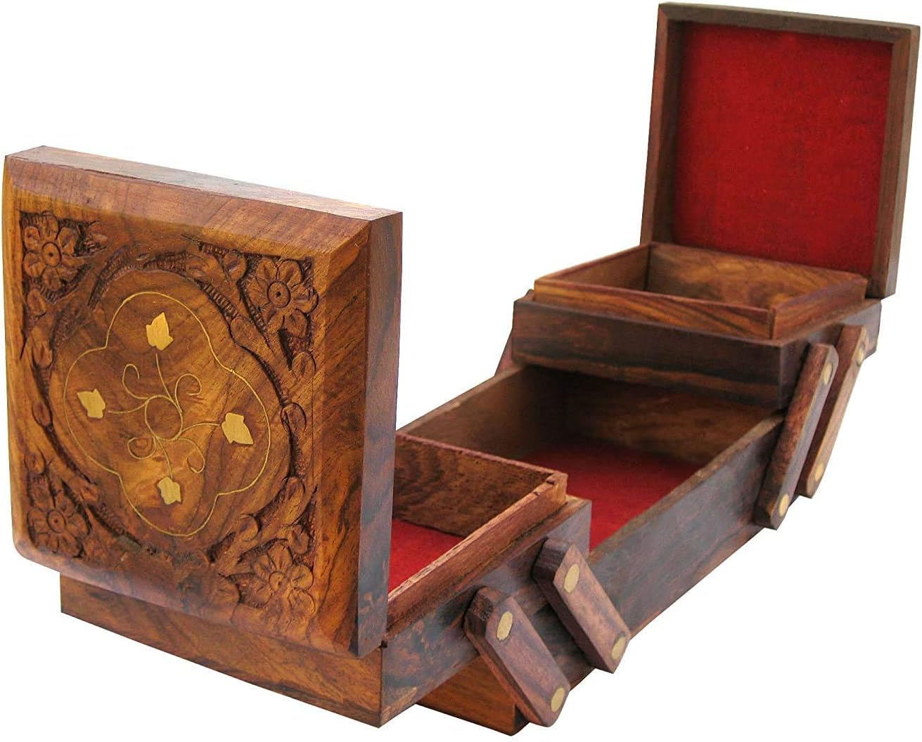 Wooden Jewellery Box Organizer - Classic Brown 8 Inch - 3 Expandable Compartments - Perfect for Women's Jewellery Storage & Organization