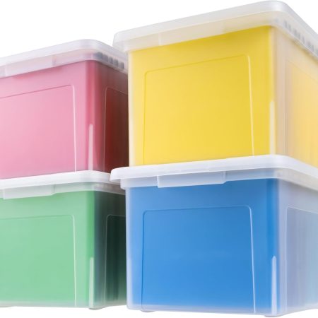 File Box, Plastic File Organizer with Lids for / File, Portable Document Box For Moving, Storage Bin with Durable and Secure Lid, Stackable Nestable -Free, Clear 35 Qt. 4 Pack