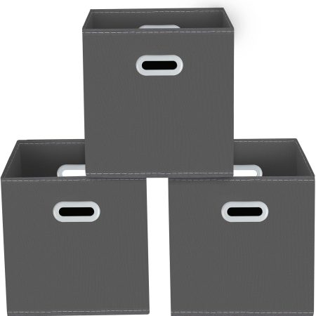 storage bins Cubes, Fabric Cube Organizer with Handle, Foldable Cube Bins for Cloth or Accessary Storage, 11x11x11, Set of 3,(Gray)