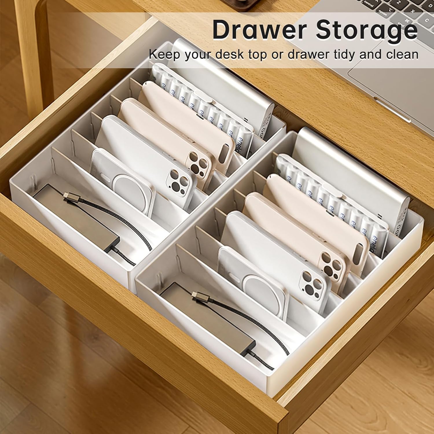2 Pcs Large Cable Organizer Box with Wire Ties,Plastic Charger Organizer box with 8 Compartments,Stackable Cord Organizer Box for Office,Home,Desk Drawer Stationery Supplies Storage,White - Image 2