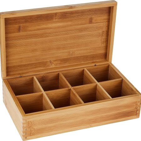 Bamboo Wood Tea Box with 8 Compartments, 12-3/8" x 7-3/8" x 3-3/5"