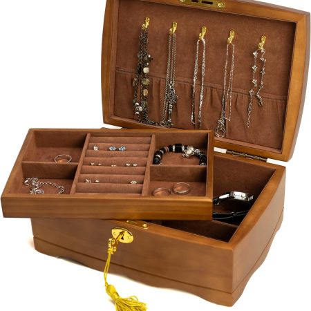 Wooden Jewelry Box with Lock & Key for Women, Medium Size Real Natural Wood Lockable Antique Organizer with Large Storage, Big Ring Compartments, Built in Necklace Hooks, Brown