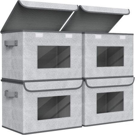 Fabric Foldable Storage Boxes [4-Pack] Large Collapsible Stackable Storage Bins with Lids, Closet Organizers and Storage Cube Basket for Home, Office, Bedroom (Gray, 17“ x 12” x 12")