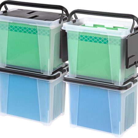 File Box File Organizer w/ Wing Lid for / File, Water Resistant Document Box, -Free Plastic Storage Bin Organizer with Handles, Stackable, Nestable, Clear 18 Qt. 4Pack