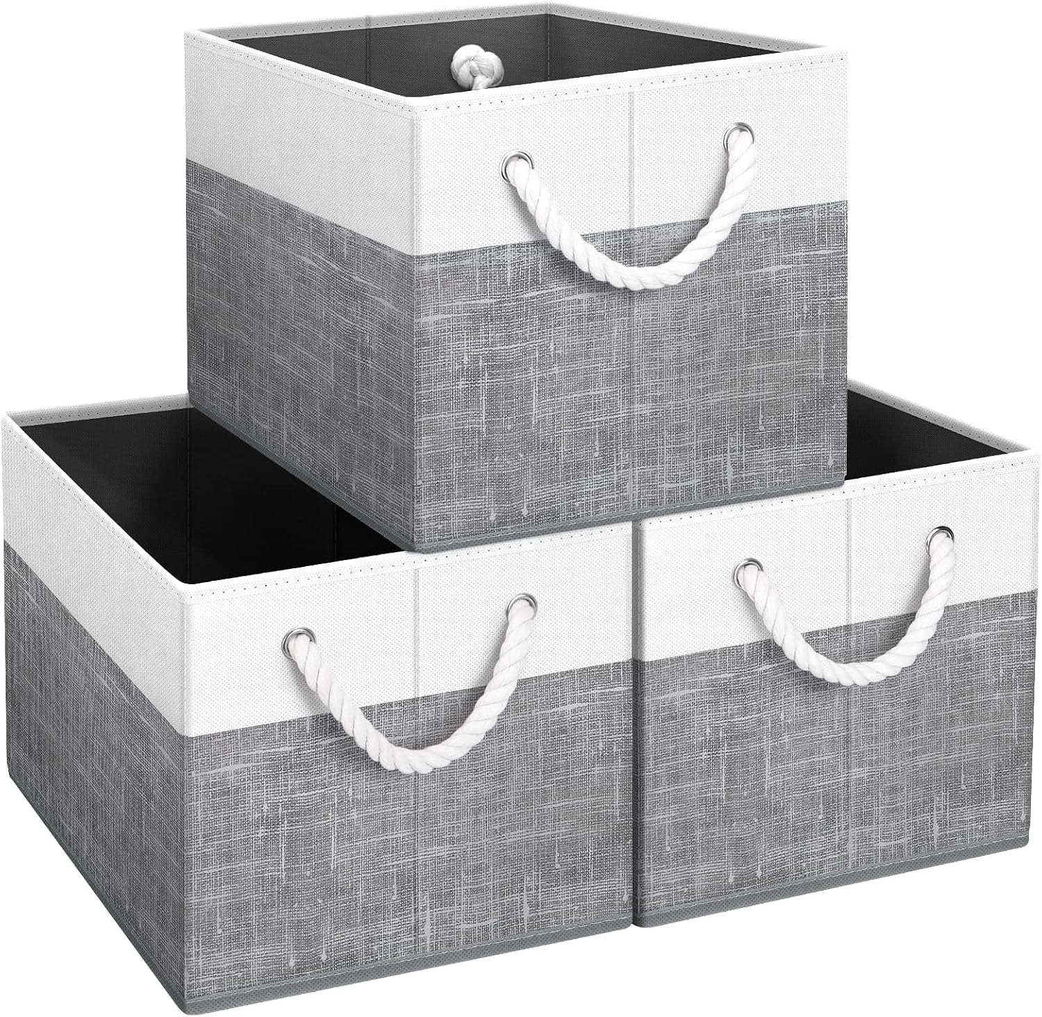 Storage Bins 3-Pack, Foldable Storage Baskets for Organizing Toys, Books, Shelves, Closet, Large Storage Box with Rope Handles, Sturdy Organizer Bins, White & Grey