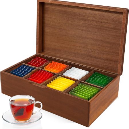 Acacia Wood Tea Bag Organizer Box – 8-Compartment Tea Storage Container Tea Caddy Holder with Removable Dividers – Rustic Tea Chest for Kitchen Counter, Coffee & Tea Station, Gifts