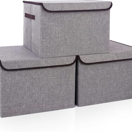 Large 17" 42 Quarts Collapsible Stackable Storage Bins with Lids [3-Pack] Foldable Fabric Linen Storage Boxes Cube, Closet Organizer Baskets with Label for Home (16.7 x 12 x 12, Gray)