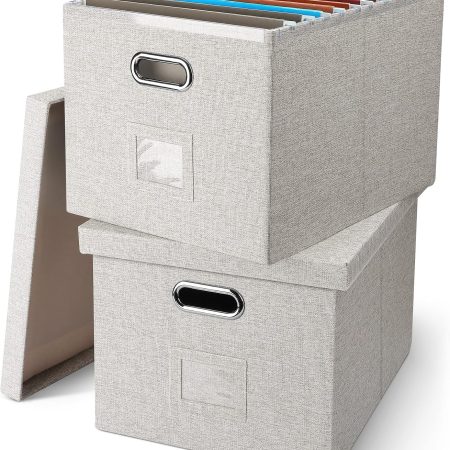 File Organizer Box, Decorative Storage Filling Box with Lid for   Size Hanging Folders Collapsible Linen File Folder Box Office Document Storage Filing Bin, Beige 2 Pack