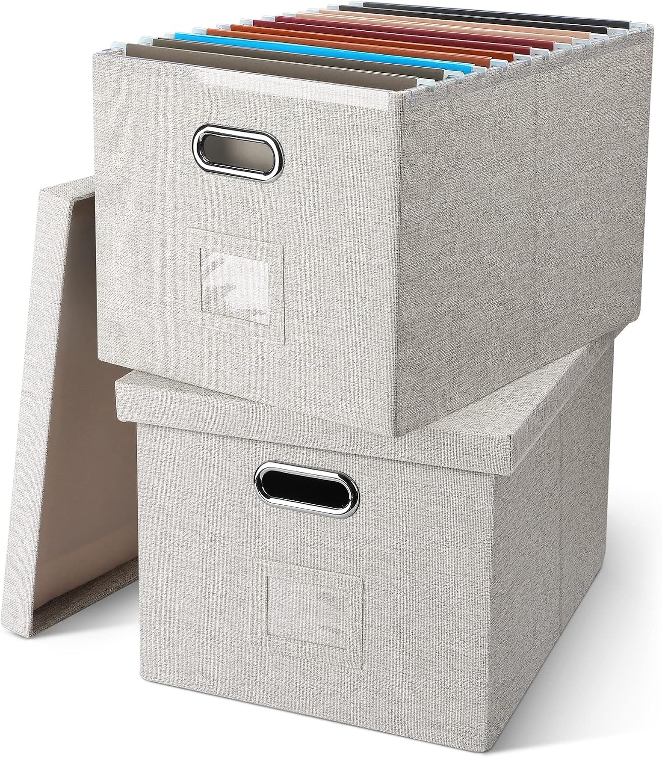 File Organizer Box, Decorative Storage Filling Box with Lid for Size Hanging Folders Collapsible Linen File Folder Box Office Document Storage Filing Bin, Beige 2 Pack